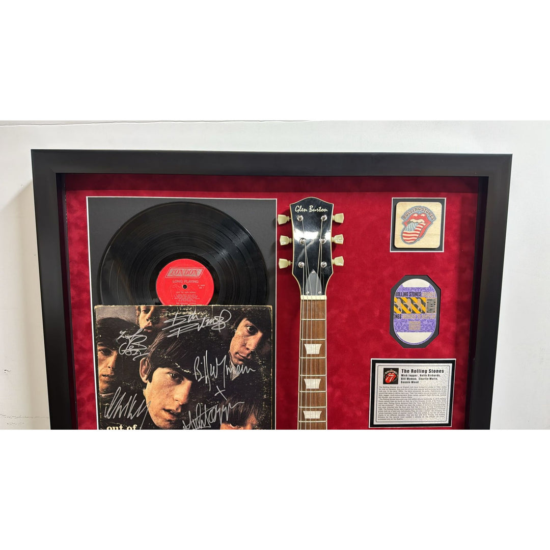 Keith Richards Bill Wyman Mick Jagger.The Rolling Stones les paul full size electric guitar framed and signed with proof.