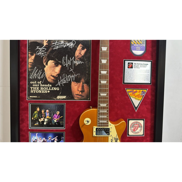 Keith Richards Bill Wyman Mick Jagger.The Rolling Stones les paul full size electric guitar framed and signed with proof.