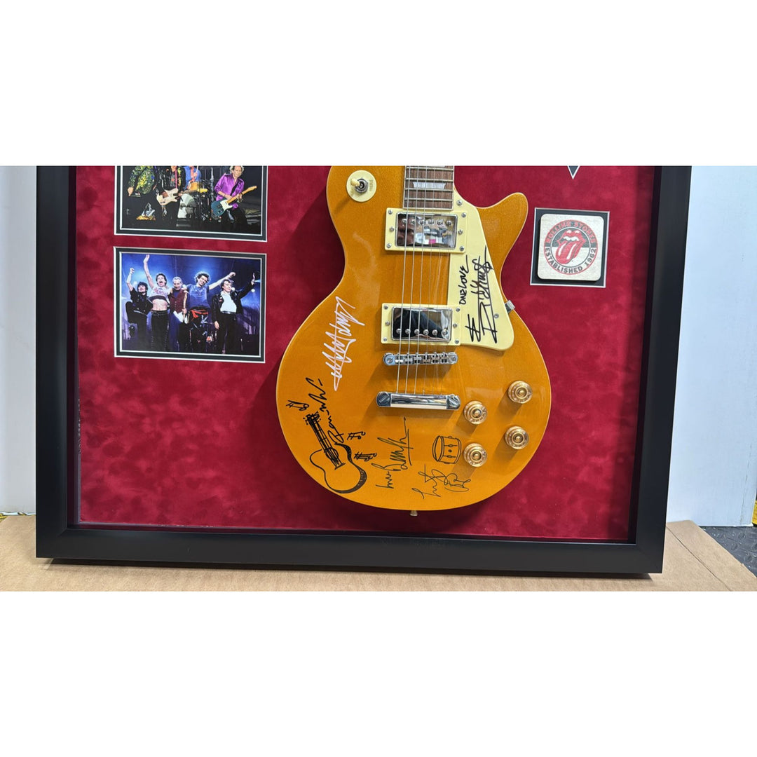 Keith Richards Bill Wyman Mick Jagger.The Rolling Stones les paul full size electric guitar framed and signed with proof.