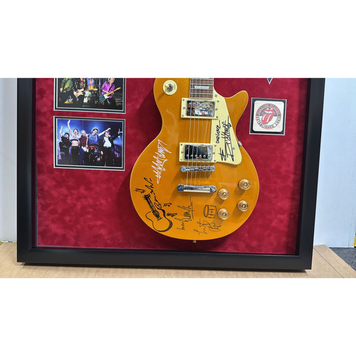 Keith Richards Bill Wyman Mick Jagger.The Rolling Stones les paul full size electric guitar framed and signed with proof.