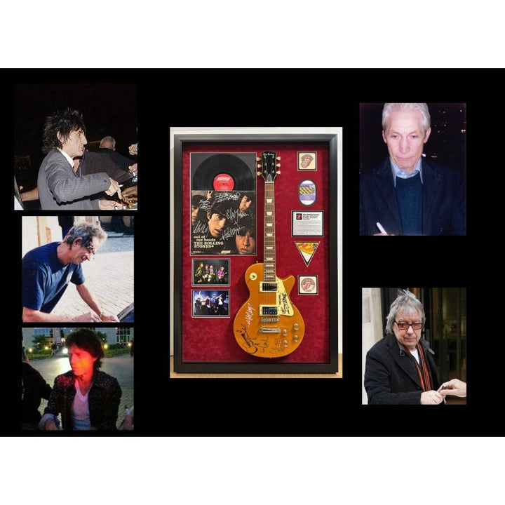 Keith Richards Bill Wyman Mick Jagger.The Rolling Stones les paul full size electric guitar framed and signed with proof.