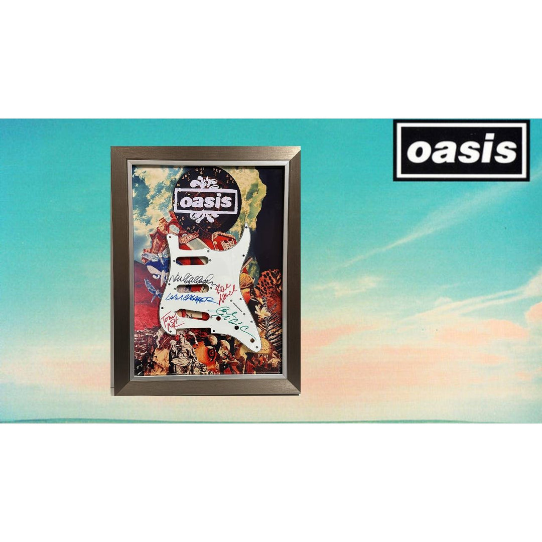 Oasis Alan White, Andy Bell, Gem Archer, Liam Gallagher, Noal Gallagher Fender Stratocaster pickguard signed and framed with proof