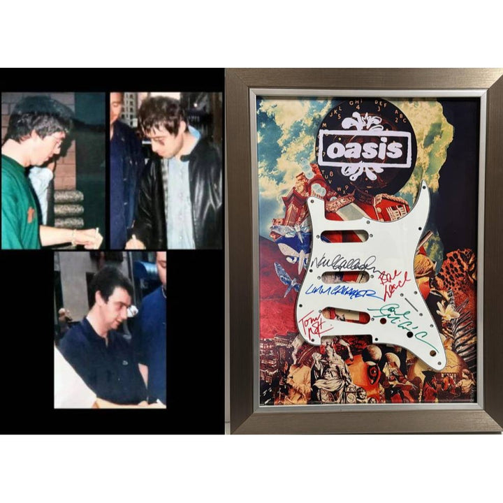 Oasis Alan White, Andy Bell, Gem Archer, Liam Gallagher, Noal Gallagher Fender Stratocaster pickguard signed and framed with proof