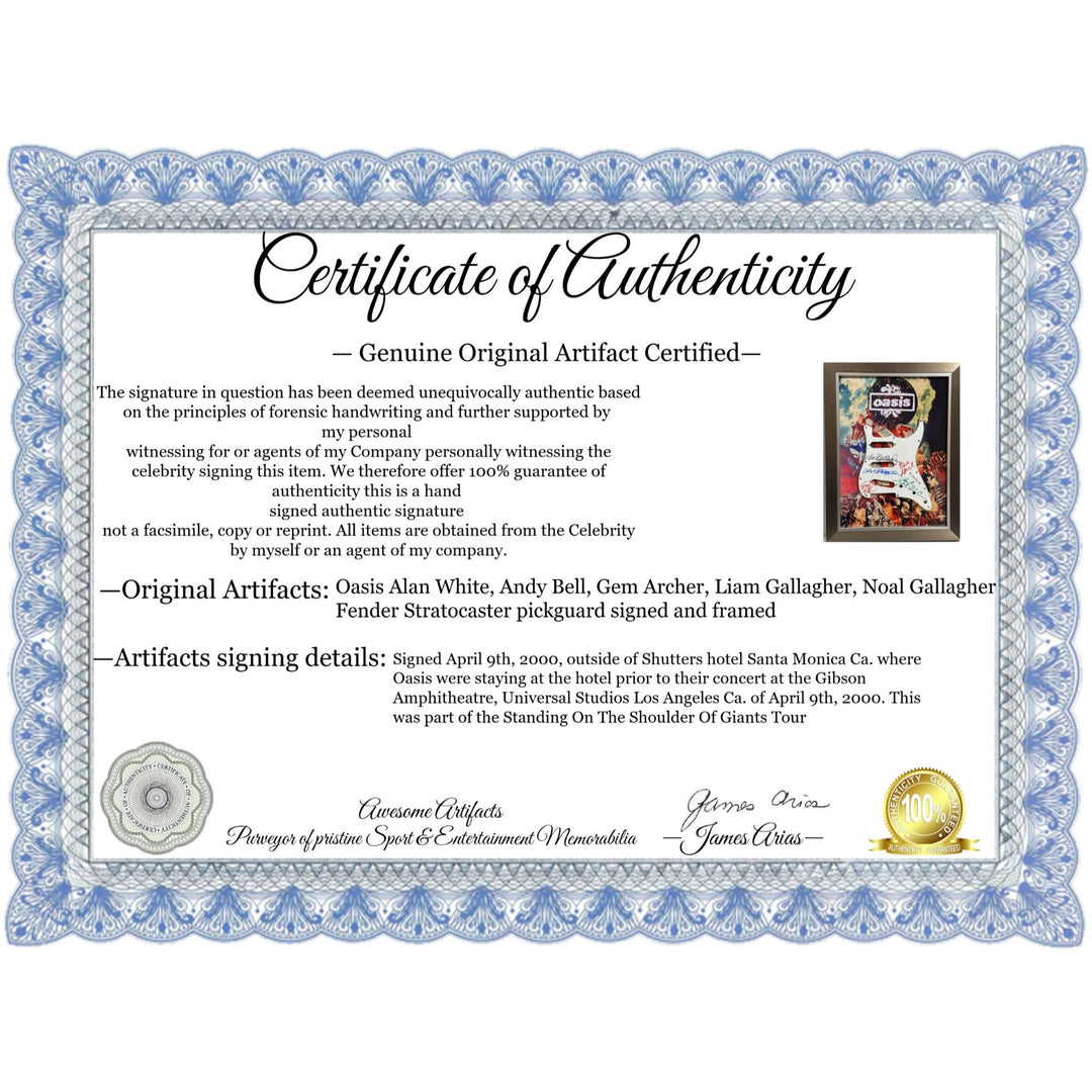 Oasis Alan White, Andy Bell, Gem Archer, Liam Gallagher, Noal Gallagher Fender Stratocaster pickguard signed and framed with proof