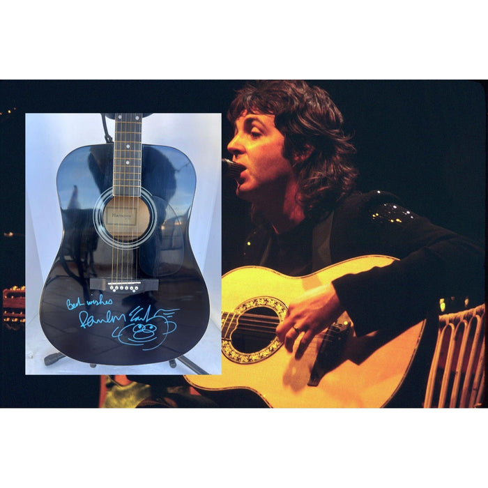 Paul McCartney The Beatles lead singer signed with sketch highly unique full size acoustic guitar signed with proof
