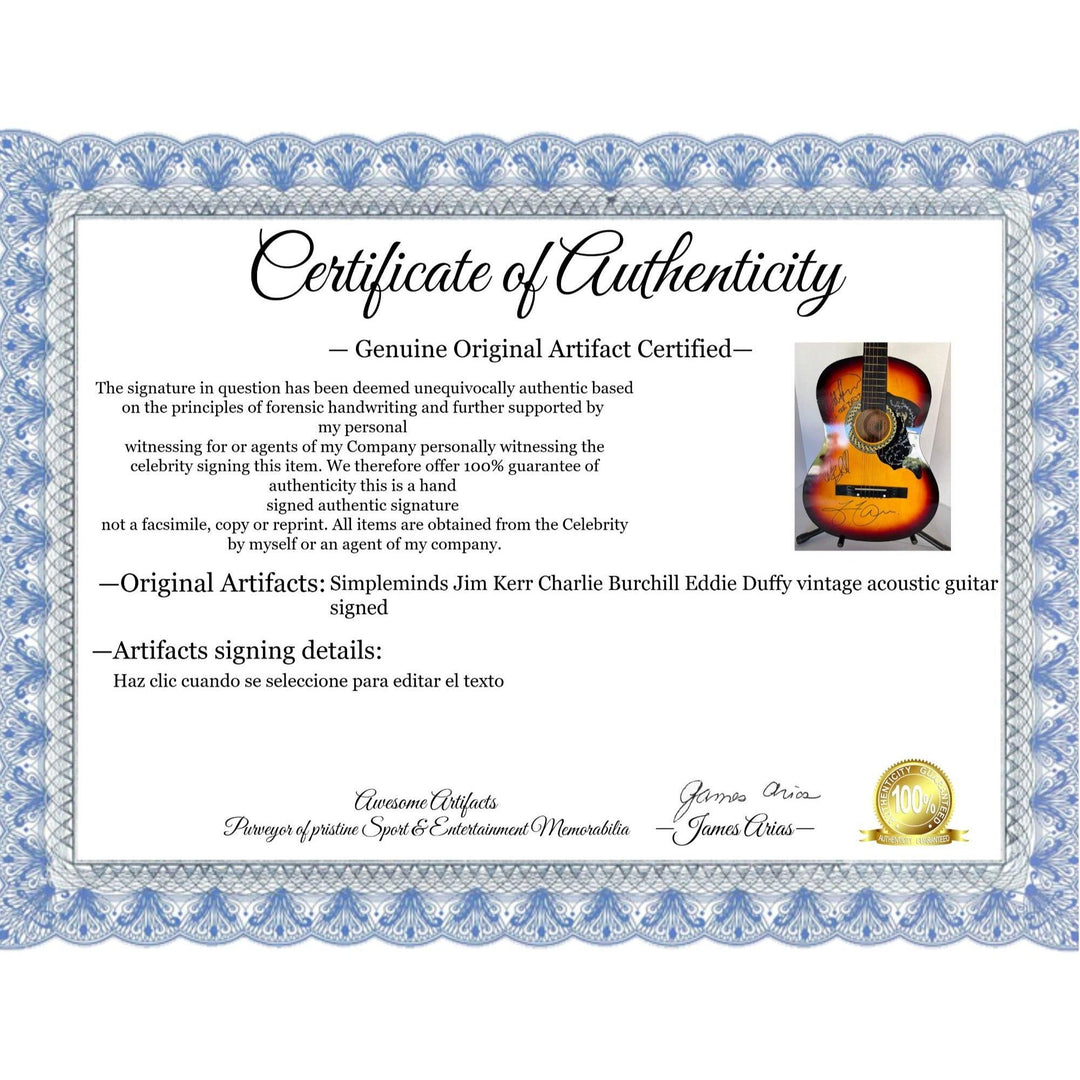 Simpleminds Jim Kerr Charlie Burchill Eddie Duffy vintage acoustic guitar signed
