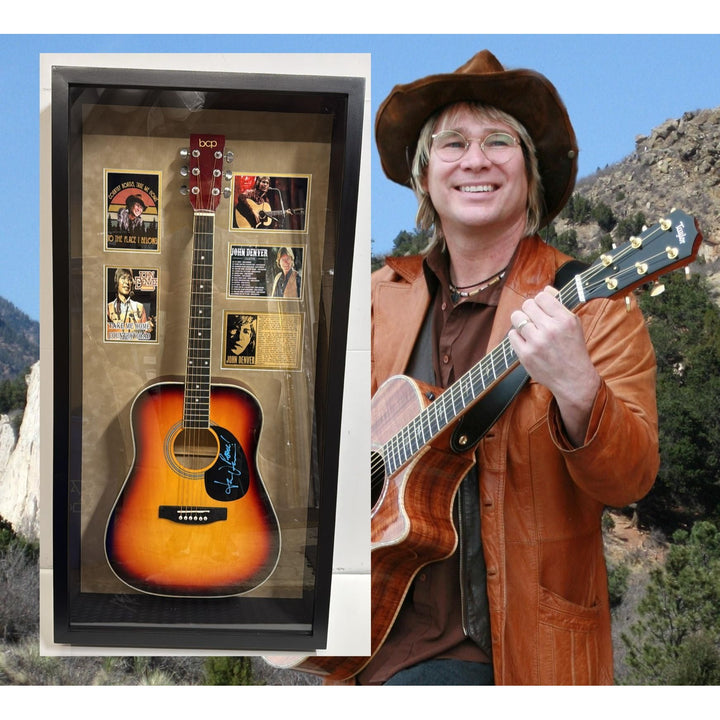 John Denver full size acoustic guitar signed with proof and museum quality frame 28x50
