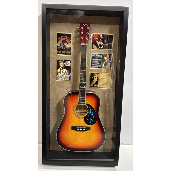 John Denver full size acoustic guitar signed with proof and museum quality frame 28x50