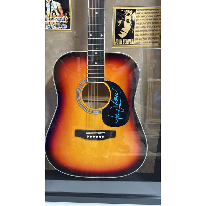 John Denver full size acoustic guitar signed with proof and museum quality frame 28x50