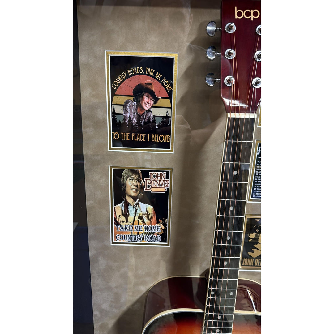 John Denver full size acoustic guitar signed with proof and museum quality frame 28x50