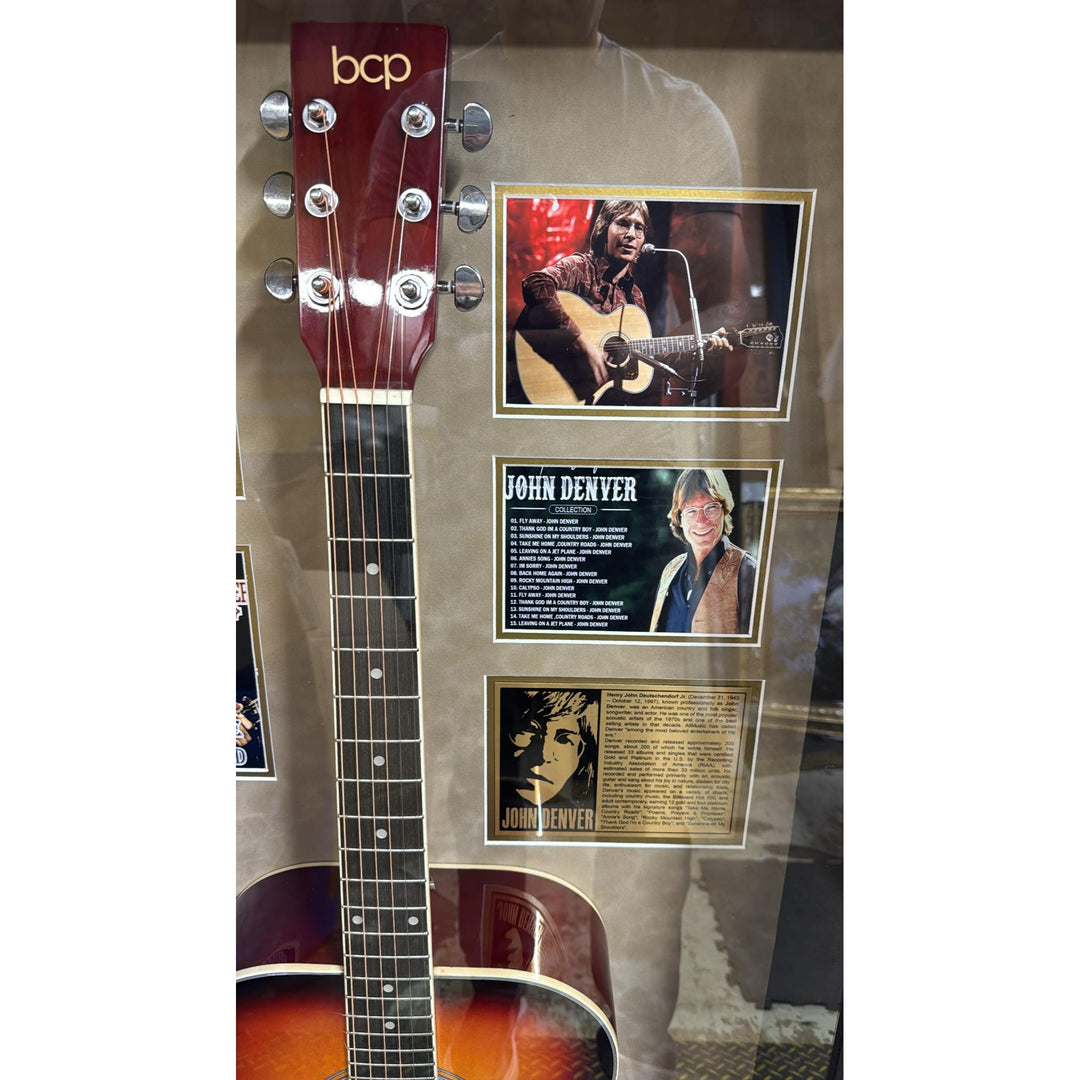 John Denver full size acoustic guitar signed with proof and museum quality frame 28x50