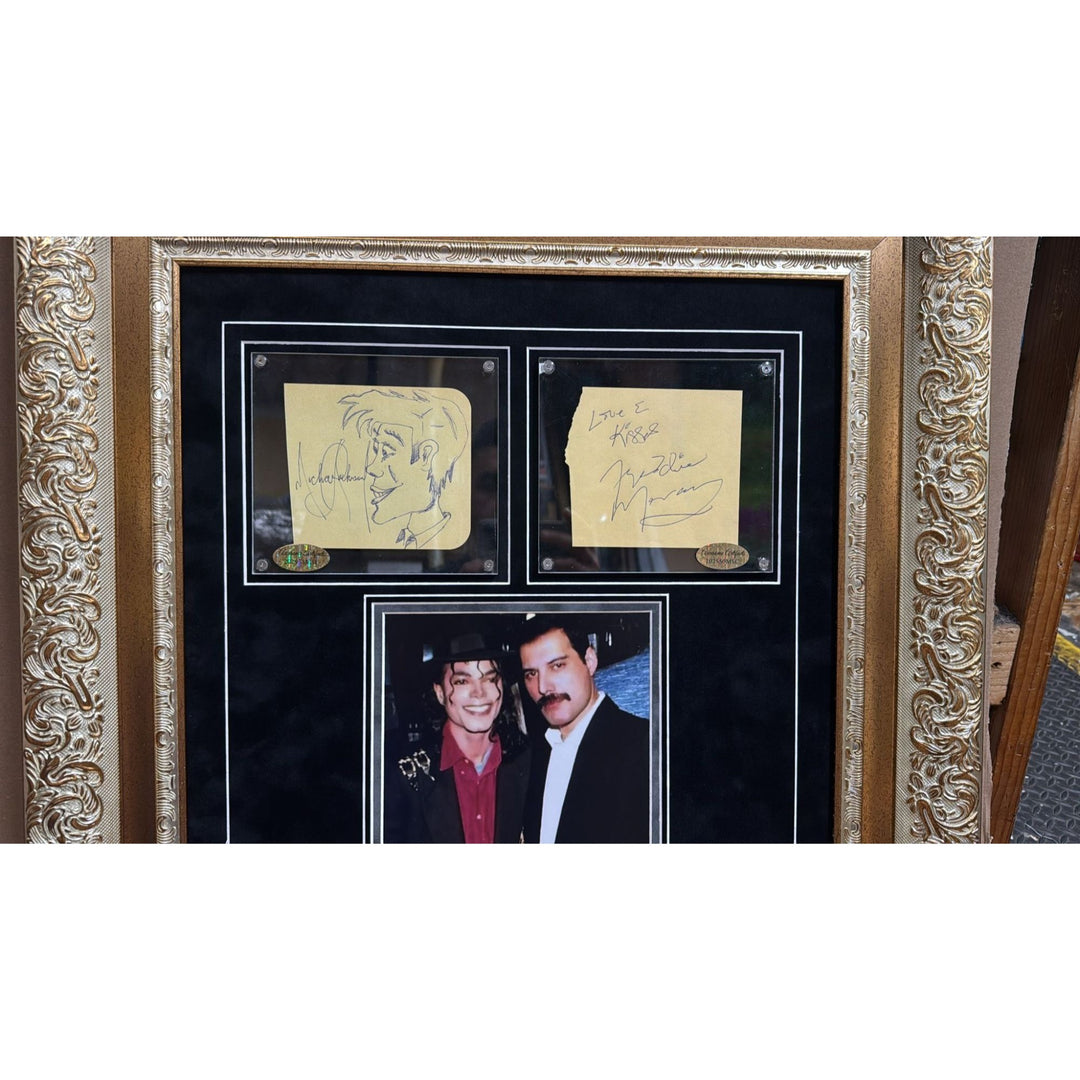 Michael Jackson "The King of Pop".and Queen lead singer Freddie Mercury signed with proof and museum quality framed 24x36.