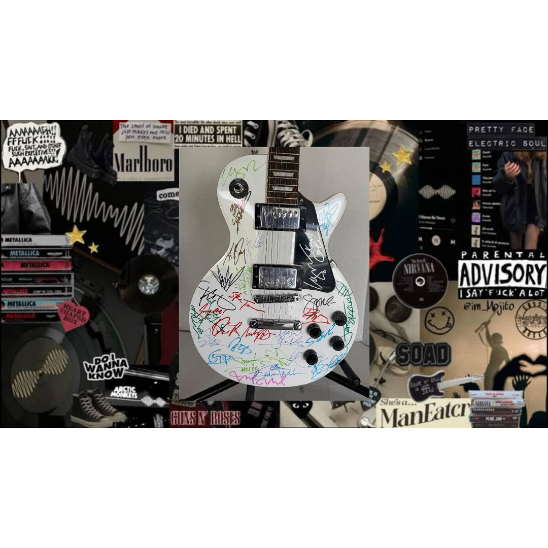 Grunge legends  Pearl Jam STP Smashing Pumpkins Soundgarden Nirvana Alice in Chains Mudhoney & Hole white Les Paul electric guitar signed..