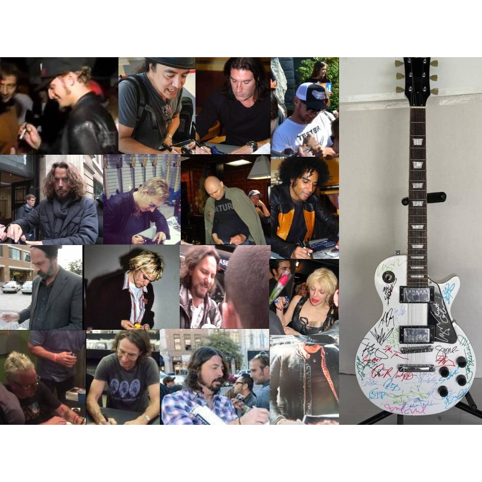 Grunge legends  Pearl Jam STP Smashing Pumpkins Soundgarden Nirvana Alice in Chains Mudhoney & Hole white Les Paul electric guitar signed..