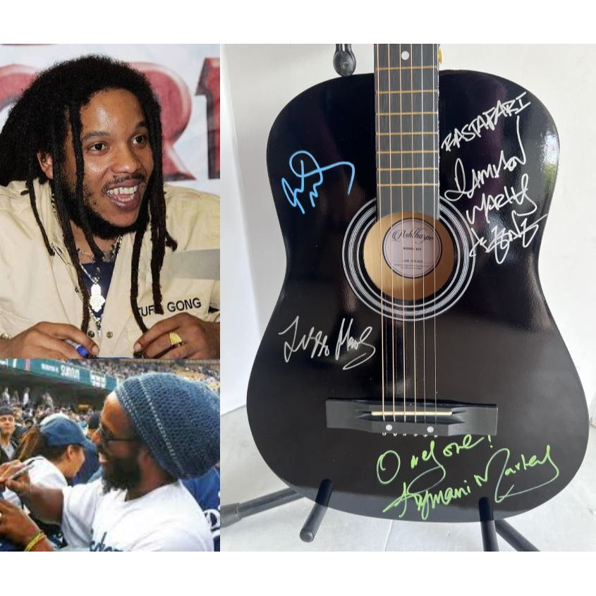 Ziggy, Julian, Stephen, Damian, Ky-Mani Marley acoustic guitar signed with proof