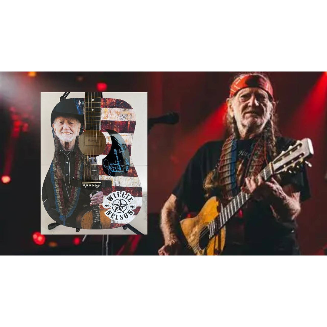 Willie Nelson  one of a kind full size acoustic guitar signed with poof.