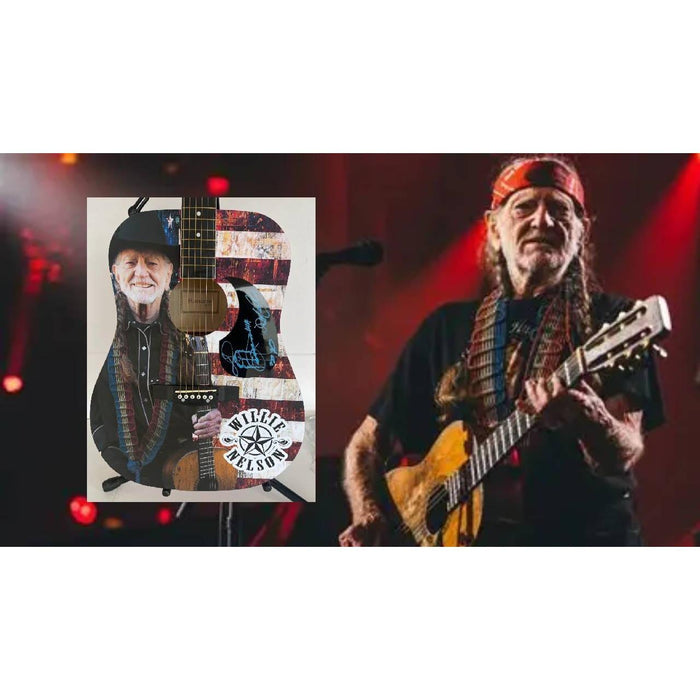 Willie Nelson  one of a kind full size acoustic guitar signed with poof