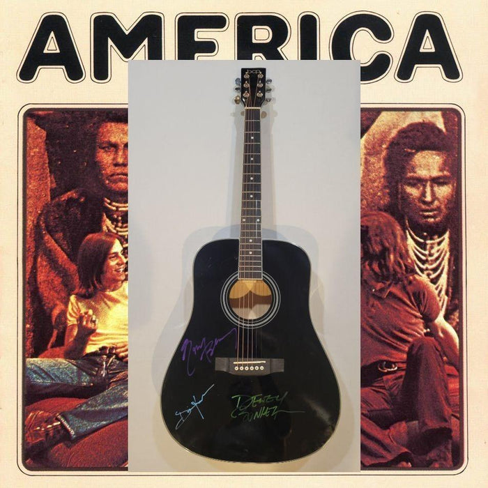 America Gerry Beckley, Dewey Bunnell & Dan Peek full size acoustic guitar signed with proof