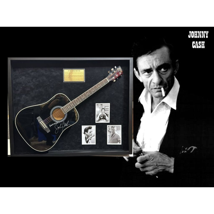 Johnny Cash "The Man in Black" full size acoustic guitar signed with proof and museum quality frame 34x42