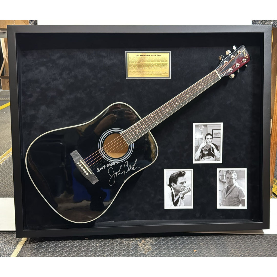 Johnny Cash "The Man in Black" full size acoustic guitar signed with proof and museum quality frame 34x42