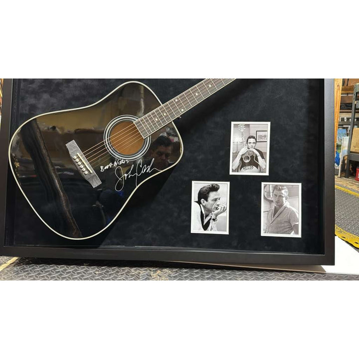 Johnny Cash "The Man in Black" full size acoustic guitar signed with proof and museum quality frame 34x42