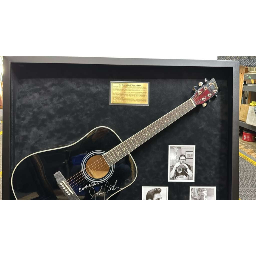 Johnny Cash "The Man in Black" full size acoustic guitar signed with proof and museum quality frame 34x42