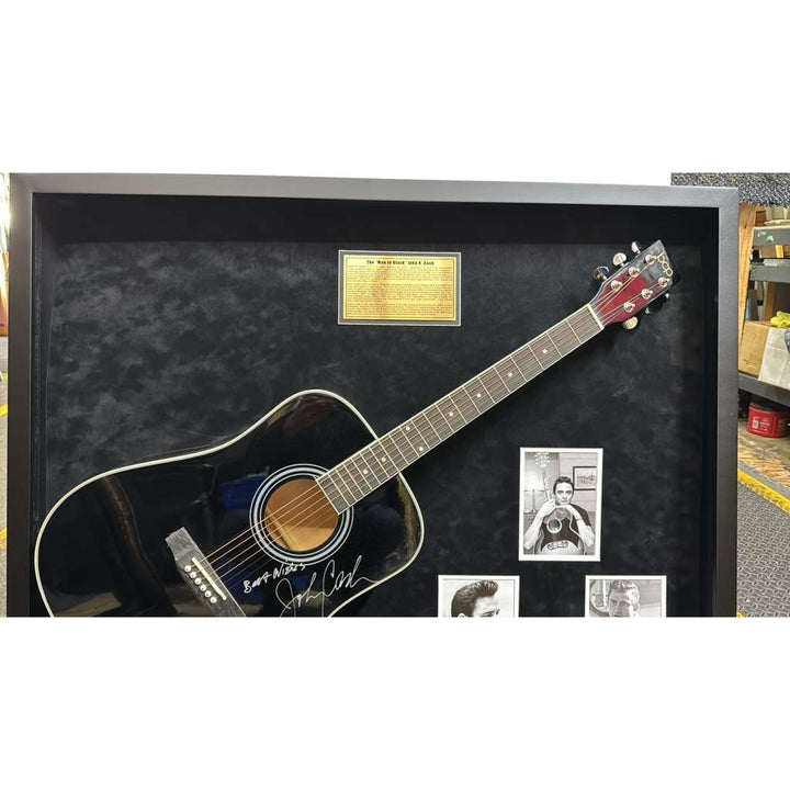 Johnny Cash "The Man in Black" full size acoustic guitar signed with proof and museum quality frame 34x42