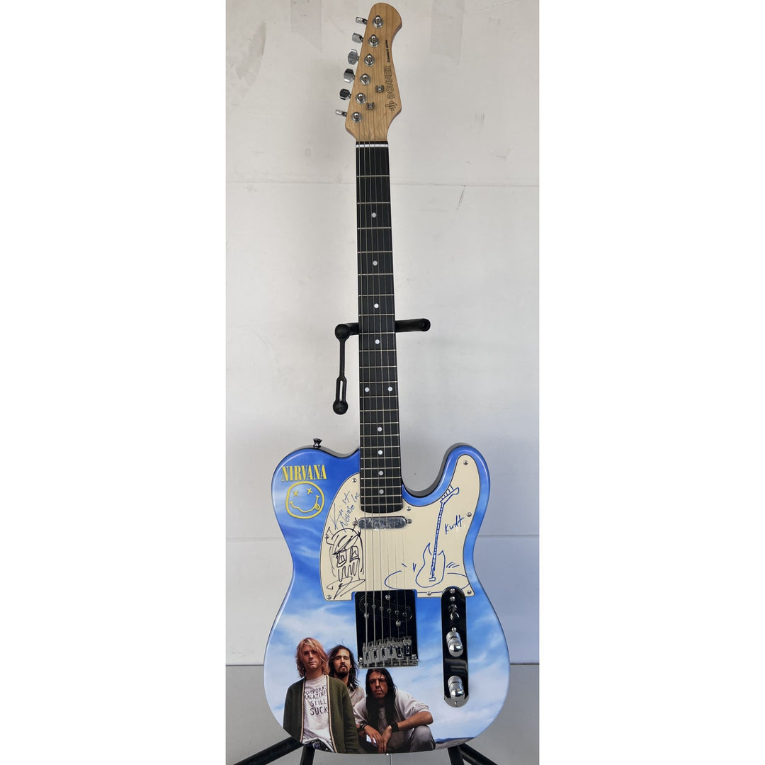 Nirvana Kurt Cobain (with sketch) Krist Novoselic David Grohl (with sketch) One of a Kind full size telecaster electric guitar signed.