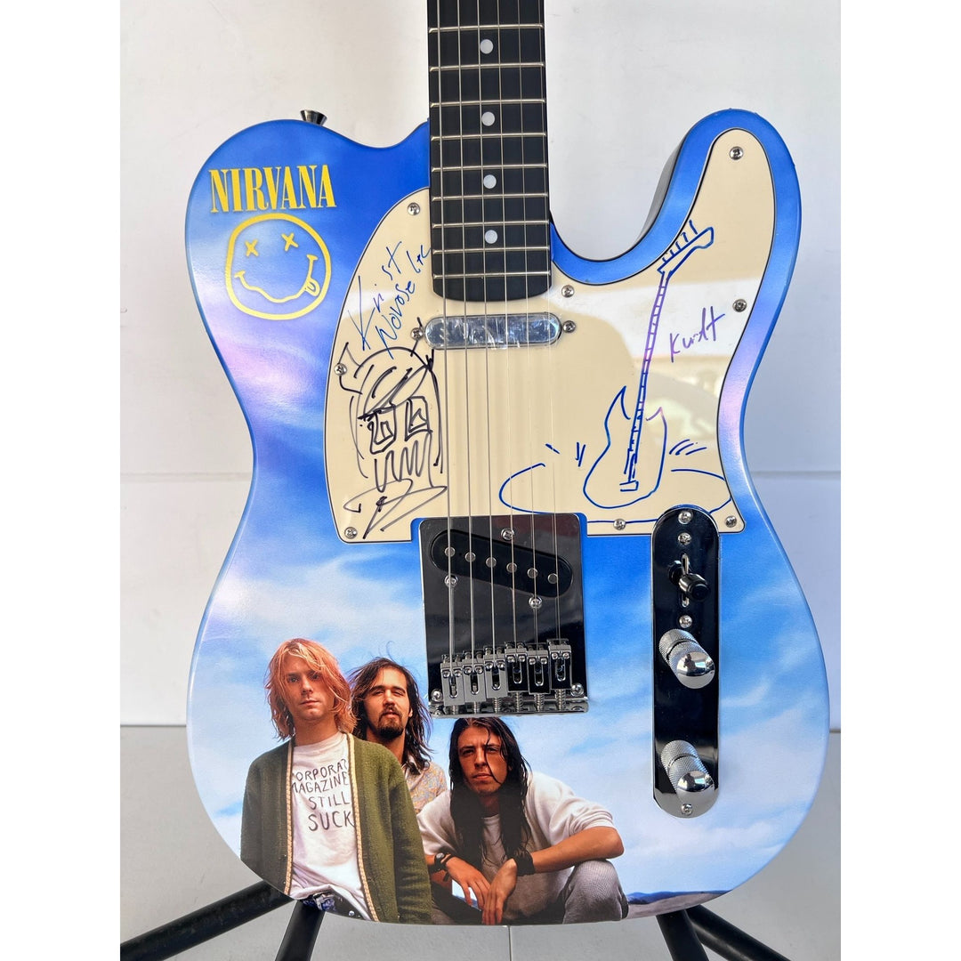 Nirvana Kurt Cobain (with sketch) Krist Novoselic David Grohl (with sketch) One of a Kind full size telecaster electric guitar signed.