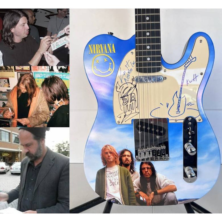 Nirvana Kurt Cobain (with sketch) Krist Novoselic David Grohl (with sketch) One of a Kind full size telecaster electric guitar signed.