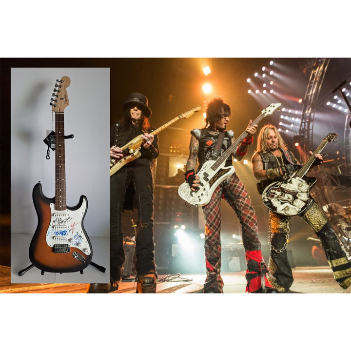 Tommy Lee, Mick Mars, Nixxi Sixx, Vince Neal, Motley Crue Fender Stratocaster Squier electric guitar signed with proof