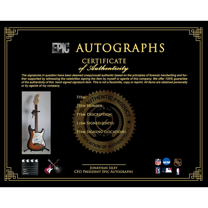 Tommy Lee, Mick Mars, Nixxi Sixx, Vince Neal, Motley Crue Fender Stratocaster Squier electric guitar signed with proof