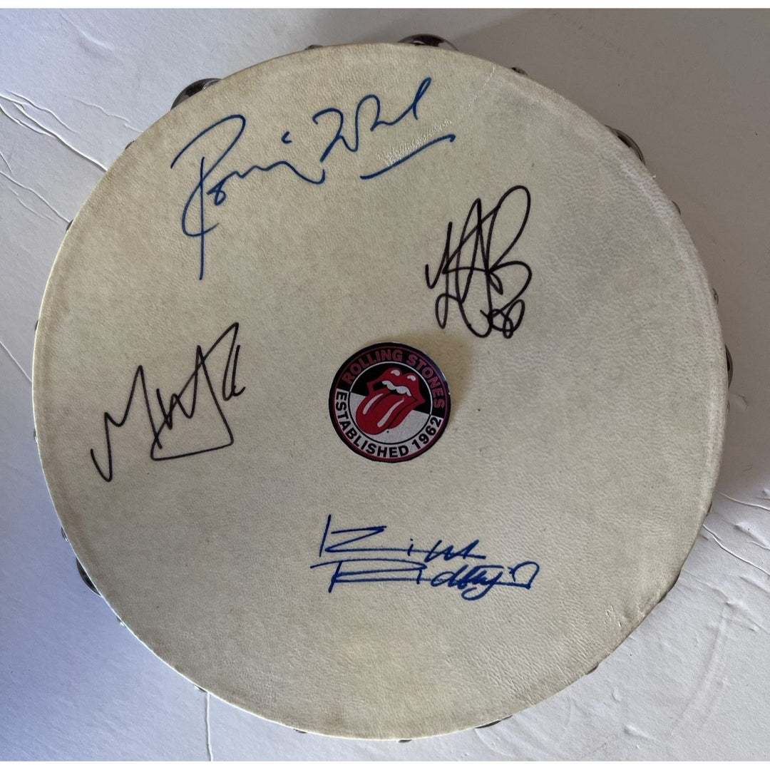 Mick Jagger Keith Richards Ronnie Wood Charlie Watts tambourine signed with proof