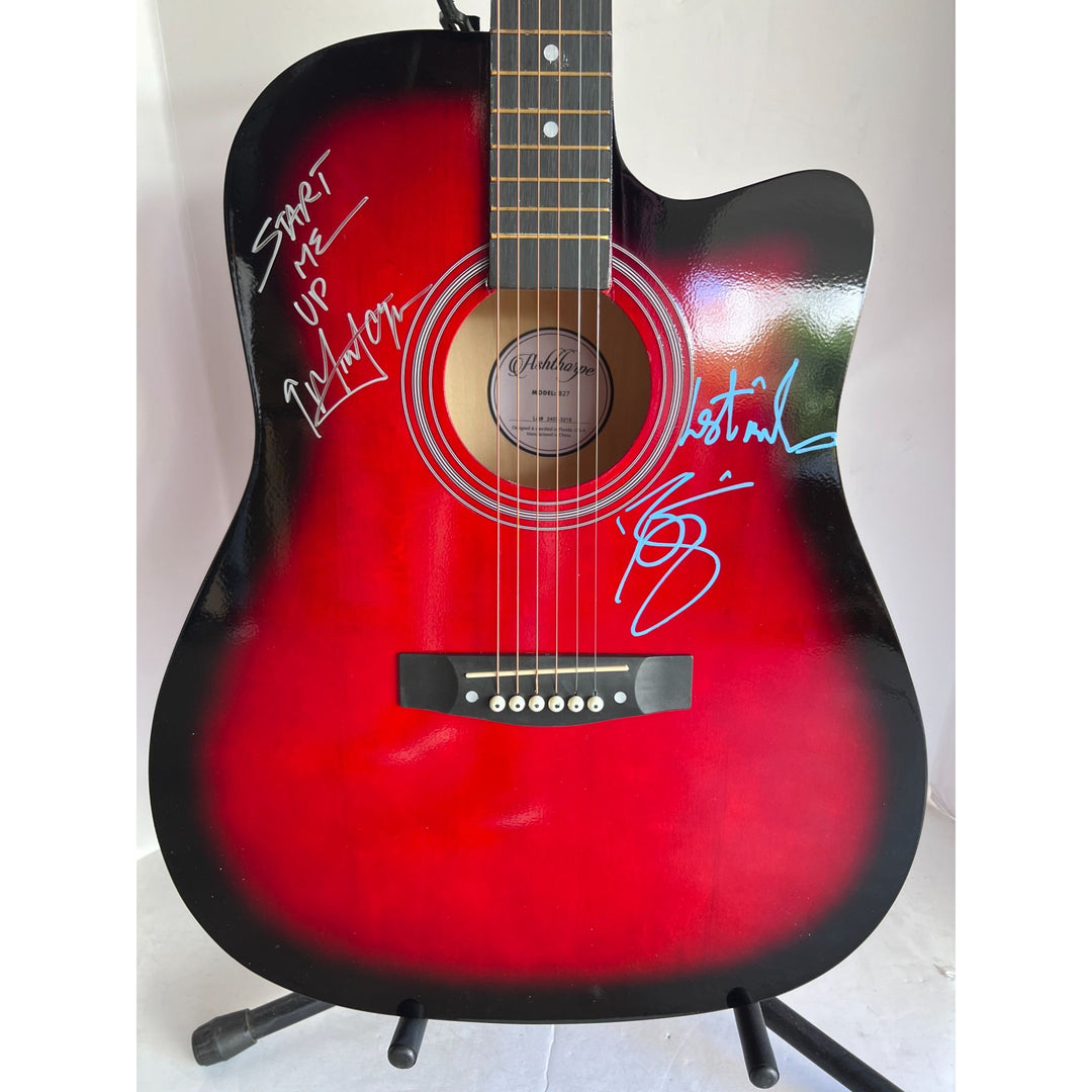 David Bowie and Mick Jagger  acoustic guitar signed with inscriptions & proof