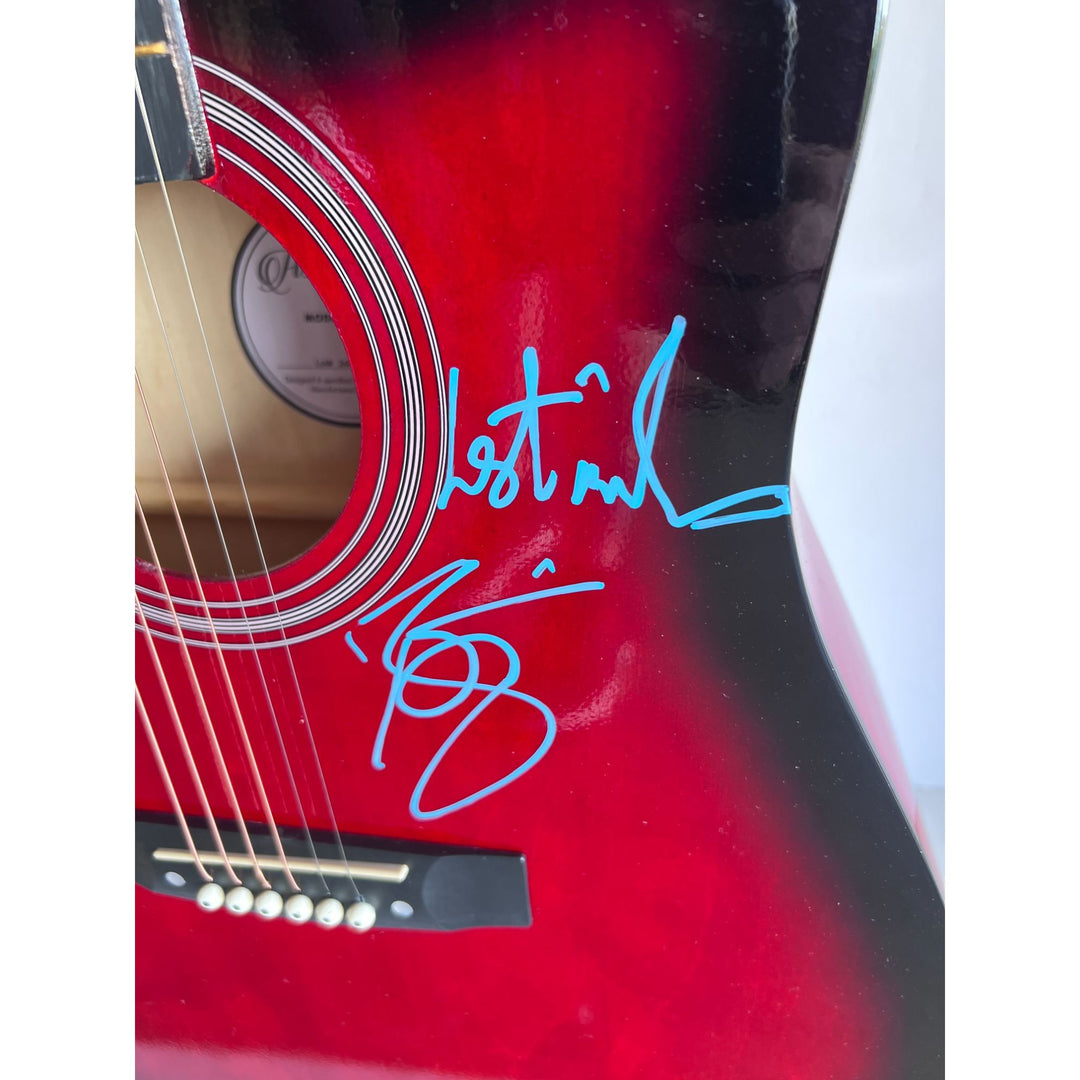 David Bowie and Mick Jagger  acoustic guitar signed with inscriptions & proof