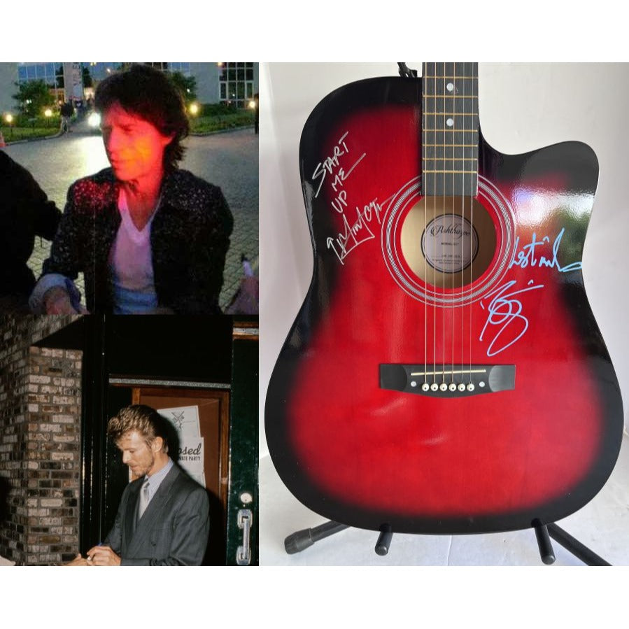 David Bowie and Mick Jagger  acoustic guitar signed with inscriptions & proof