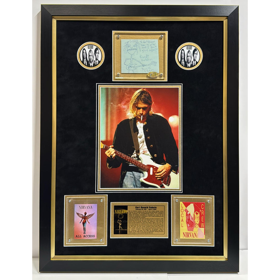 Kurt Cobain Nirvana vintage autograph book page signed with proof & museum quality frame  26x34..