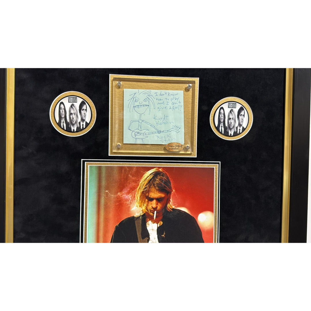 Kurt Cobain Nirvana vintage autograph book page signed with proof & museum quality frame  26x34..