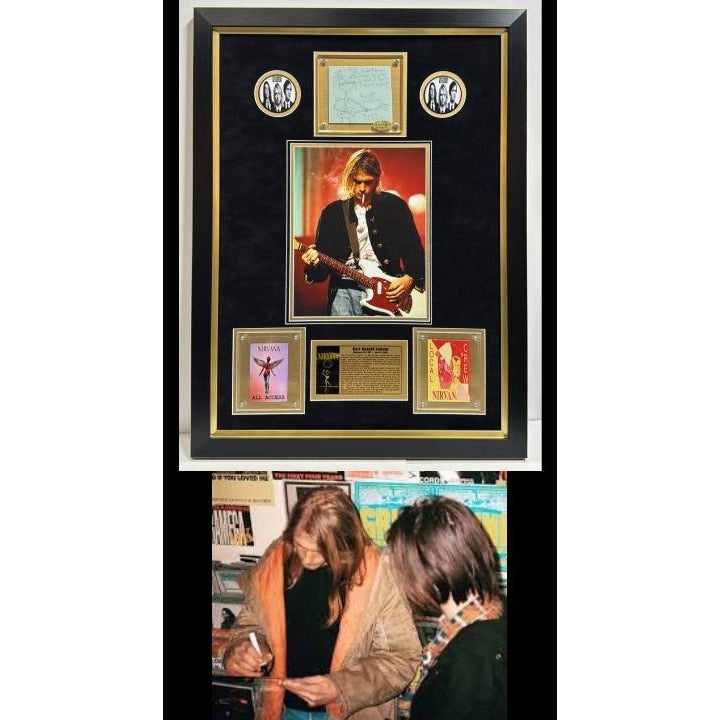 Kurt Cobain Nirvana vintage autograph book page signed with proof & museum quality frame  26x34..