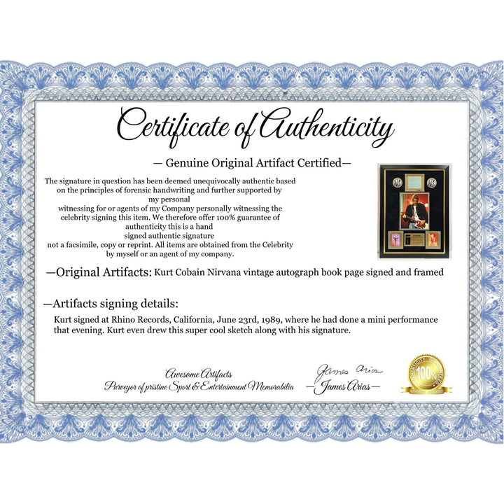 Kurt Cobain Nirvana vintage autograph book page signed with proof & museum quality frame  26x34..