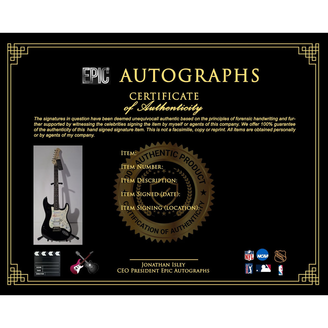 Styx: James Young, Tommy Shaw, Todd Sucherman, Lawrence Gowan, Will Evankovich, Terry Gowan Dennis D. Fender Stratocaster signed with proof
