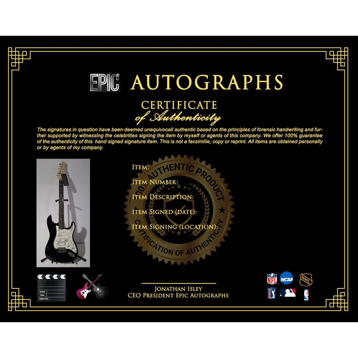 Styx: James Young, Tommy Shaw, Todd Sucherman, Lawrence Gowan, Will Evankovich, Terry Gowan Dennis D. Fender Stratocaster signed with proof