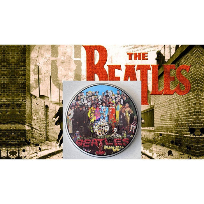Ringo Starr, Paul McCartney and Sir George Martin drumhead signed with proof
