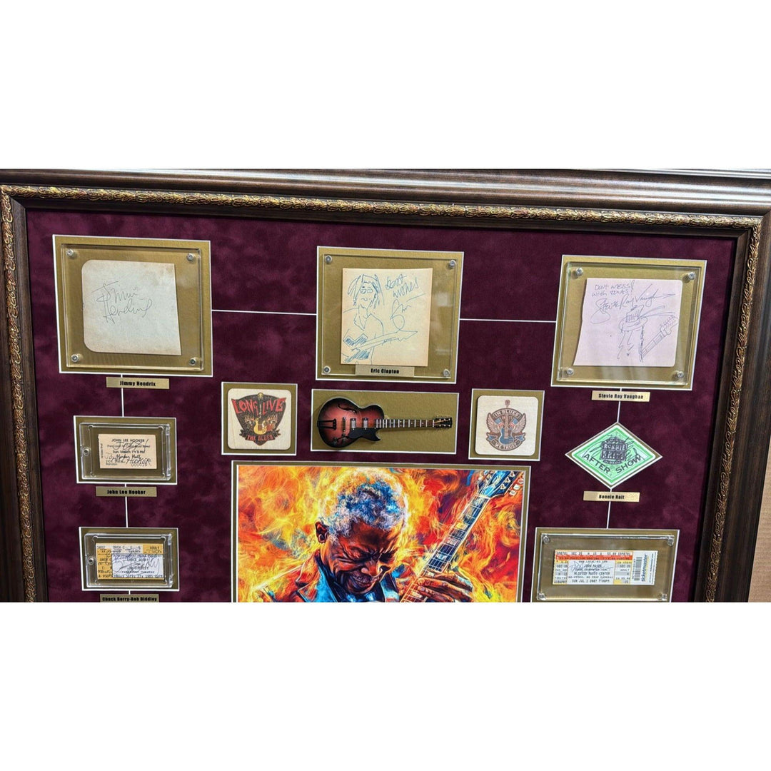 Blues Legends 41x46 original concert tickets signed with proof plus Jimi Hemdrix, Stevie Ray Vaughan Eric Clapton with sketch.