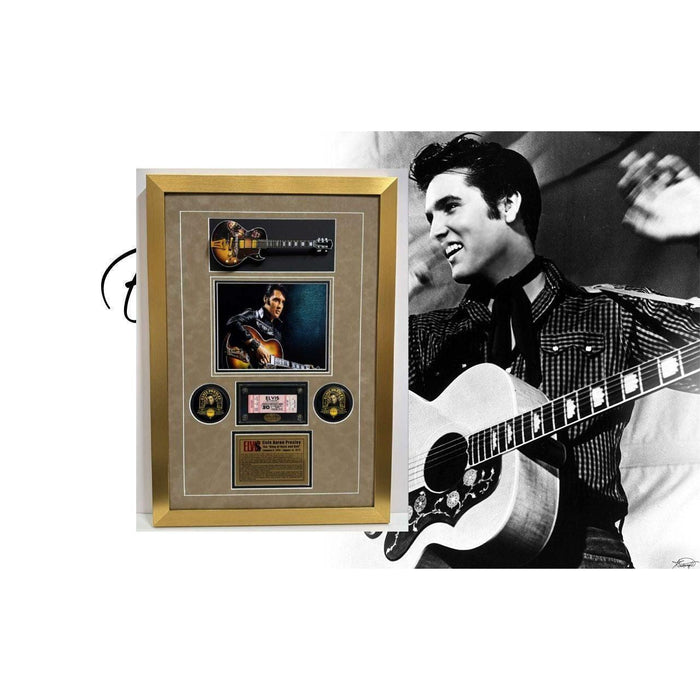 Elvis Presley original concert ticket signed with proof, his model guitar in miniature scale, with a museum quality frame 21.25x 30.5