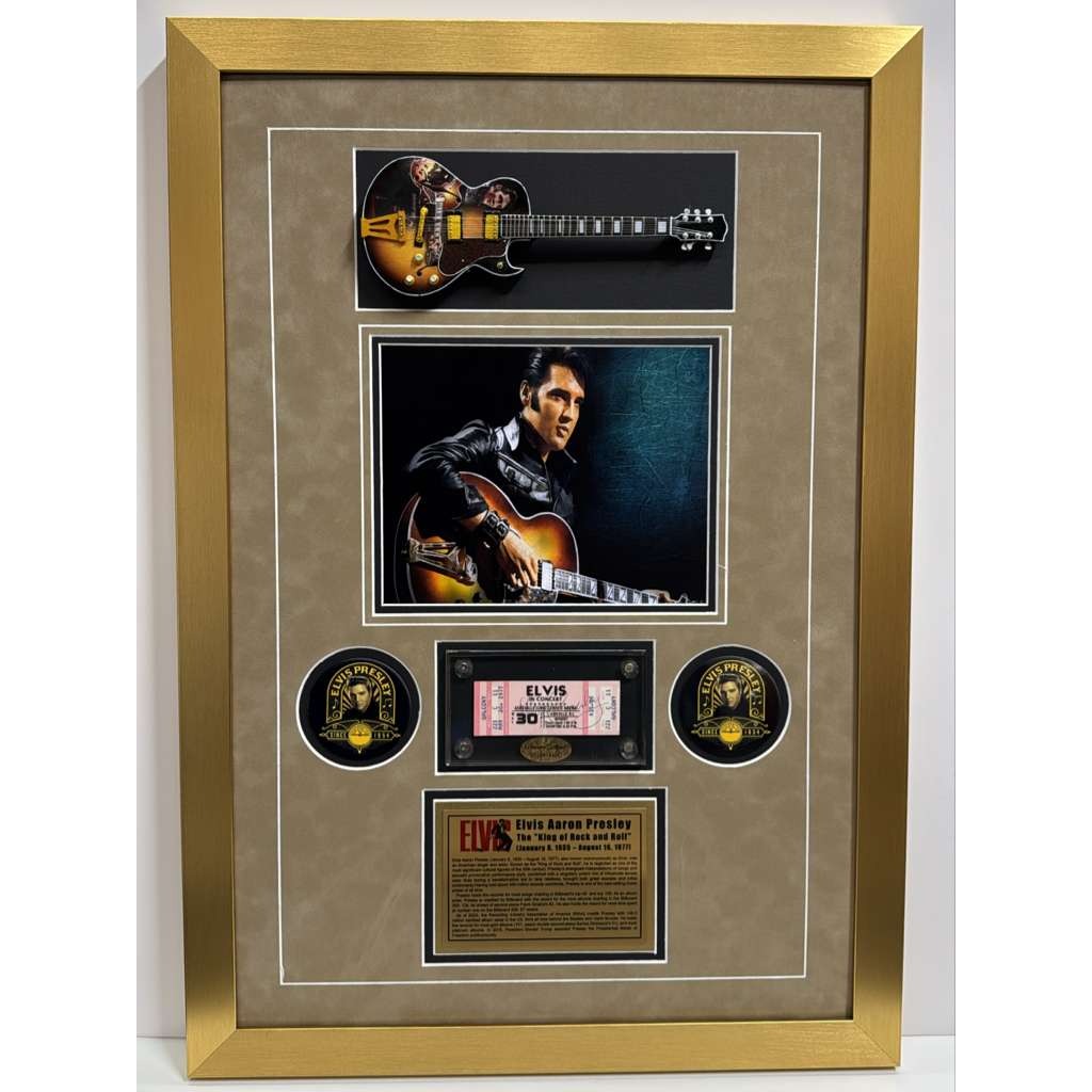 Elvis Presley original concert ticket signed with proof, his model guitar in miniature scale, with a museum quality frame 21.25x 30.5