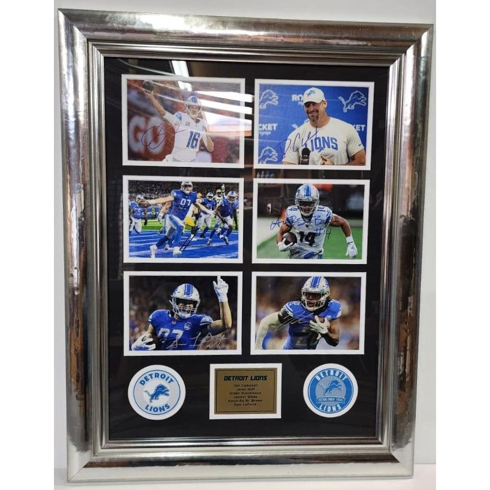 Dan Campbell Jared Goff Aidan Hutchinson2024 Detroit Lions 5x7 photos in museum quality frame 22x28 signed with proof Awesome Artifacts