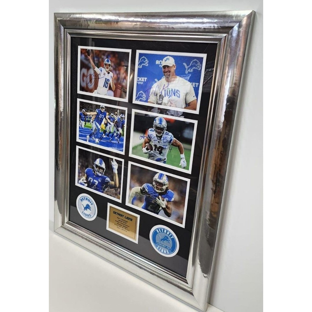 Dan Campbell Jared Goff Aidan Hutchinson2024 Detroit Lions 5x7 photos in museum quality frame 22x28 signed with proof Awesome Artifacts