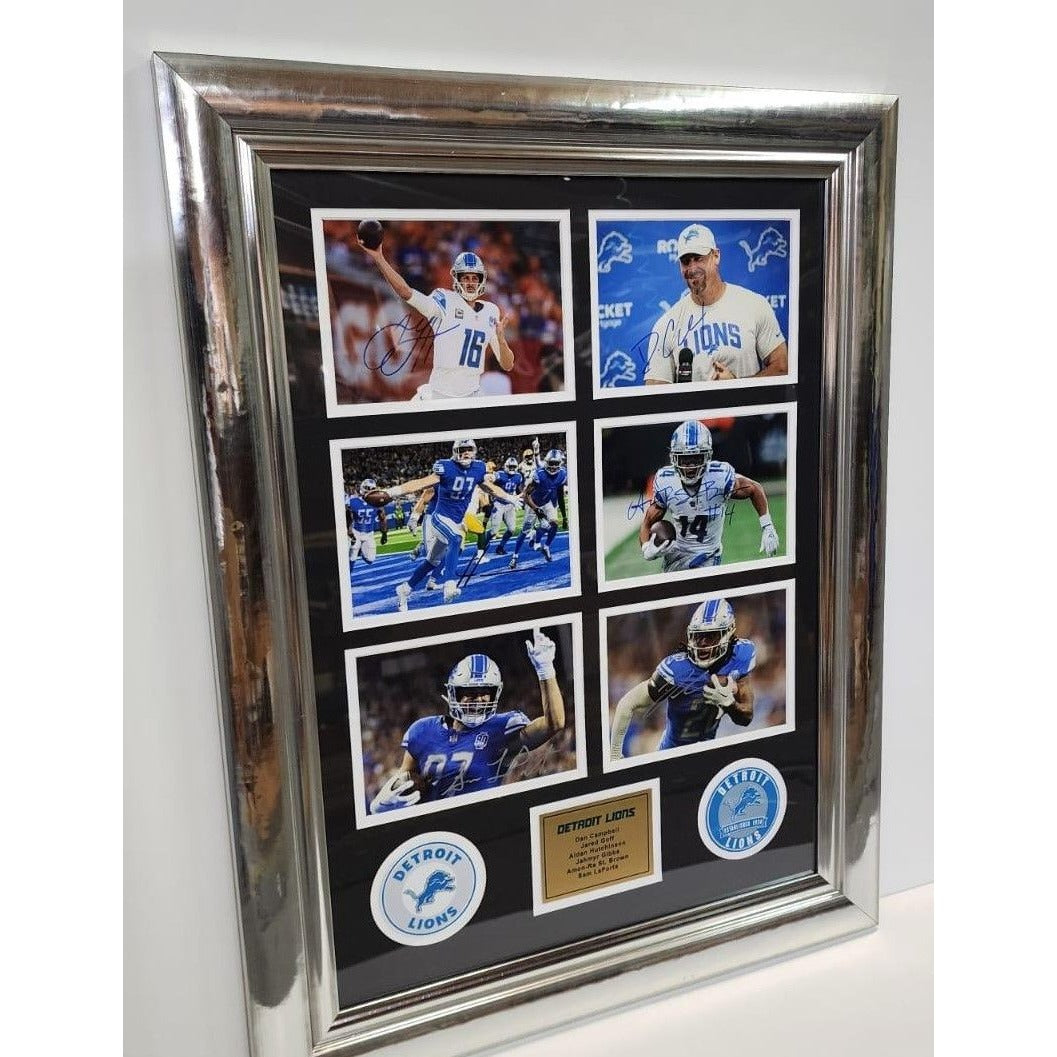 Dan Campbell Jared Goff Aidan Hutchinson2024 Detroit Lions 5x7 photos in museum quality frame 22x28 signed with proof Awesome Artifacts