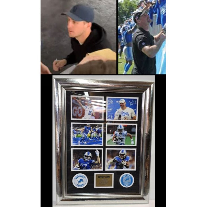 Dan Campbell Jared Goff Aidan Hutchinson2024 Detroit Lions 5x7 photos in museum quality frame 22x28 signed with proof Awesome Artifacts
